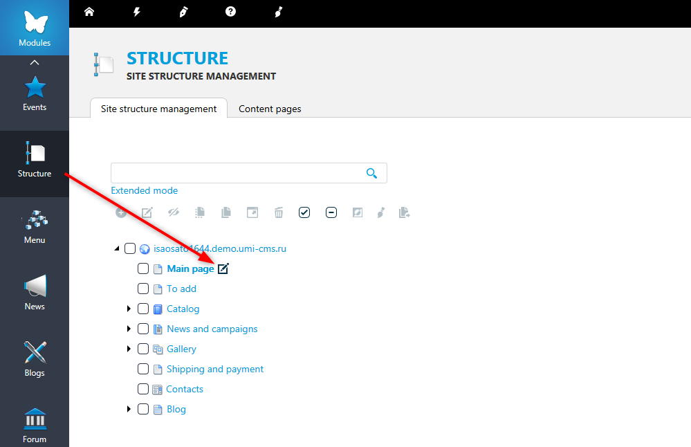 اختر صفحة لإدراج رمز Finteza في قسم Structure