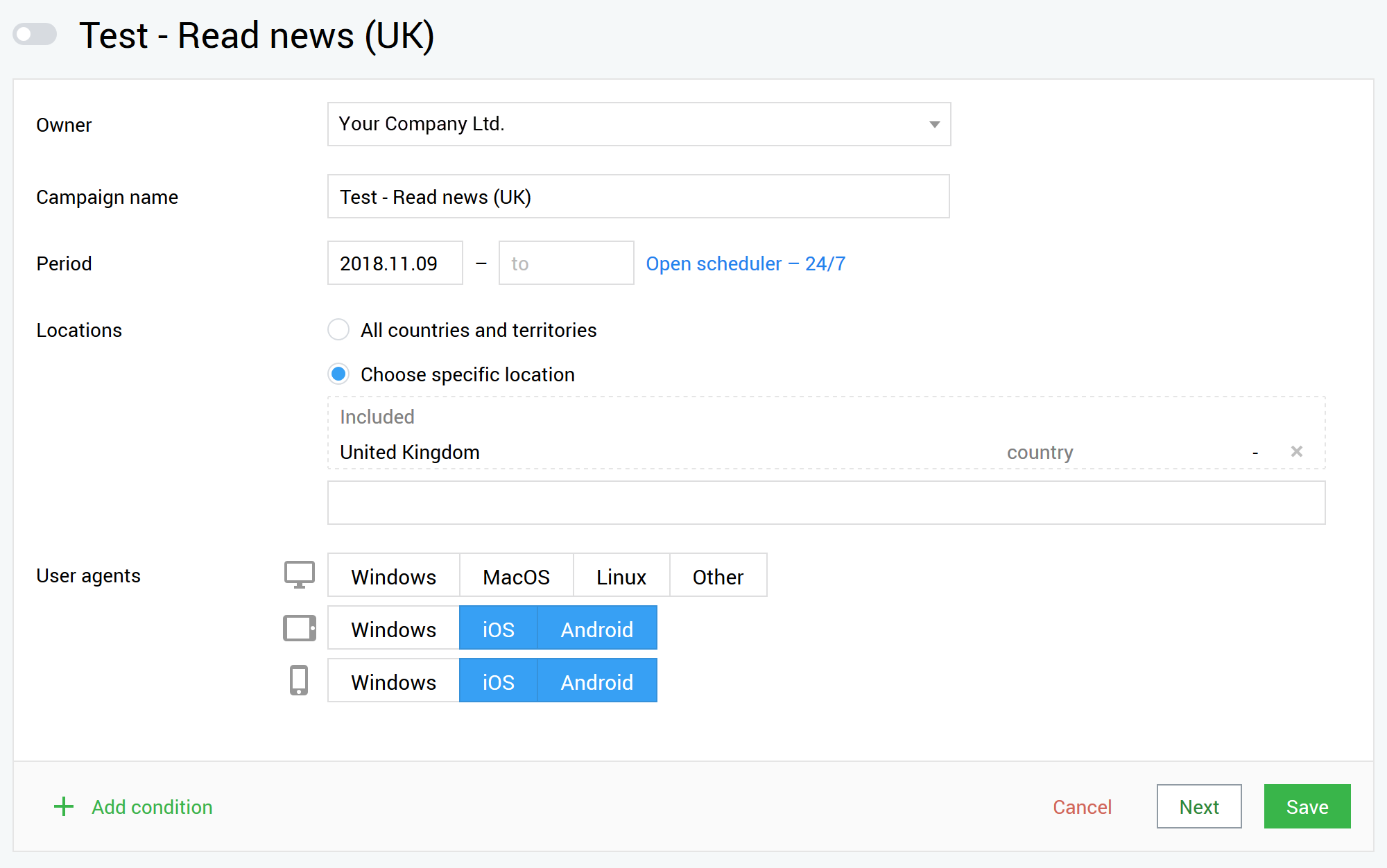 Ad campaign configuring panel in Finteza