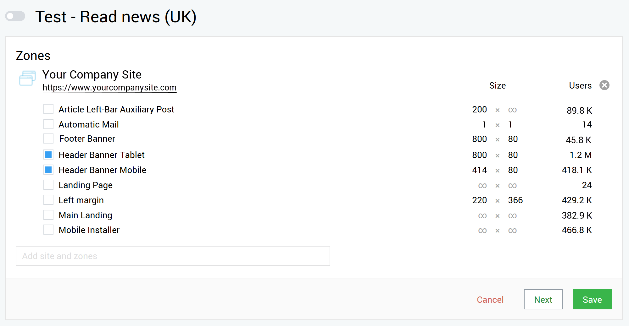 Window for selecting advertising zones in the campaign