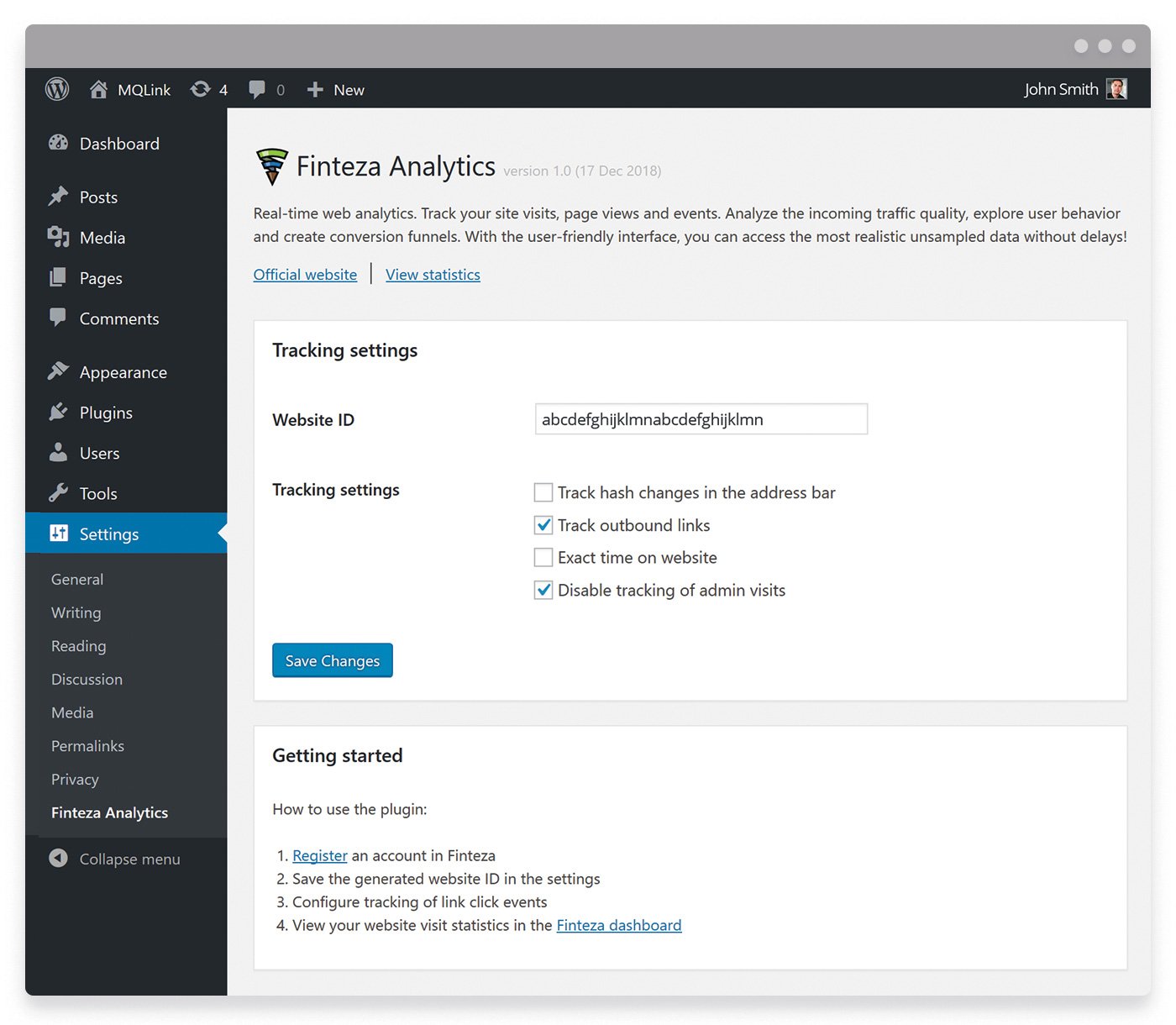 Der Teil von Finteza Analytics auf der Seite der Einstellungen