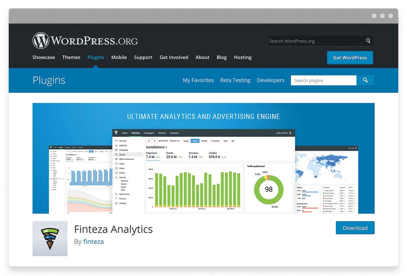 Το επίσημο πρόσθετο για την ενσωμάτωση της υπηρεσίας ανάλυσης κίνησης ιστοσελίδας της Finteza με ιστοσελίδες WordPress