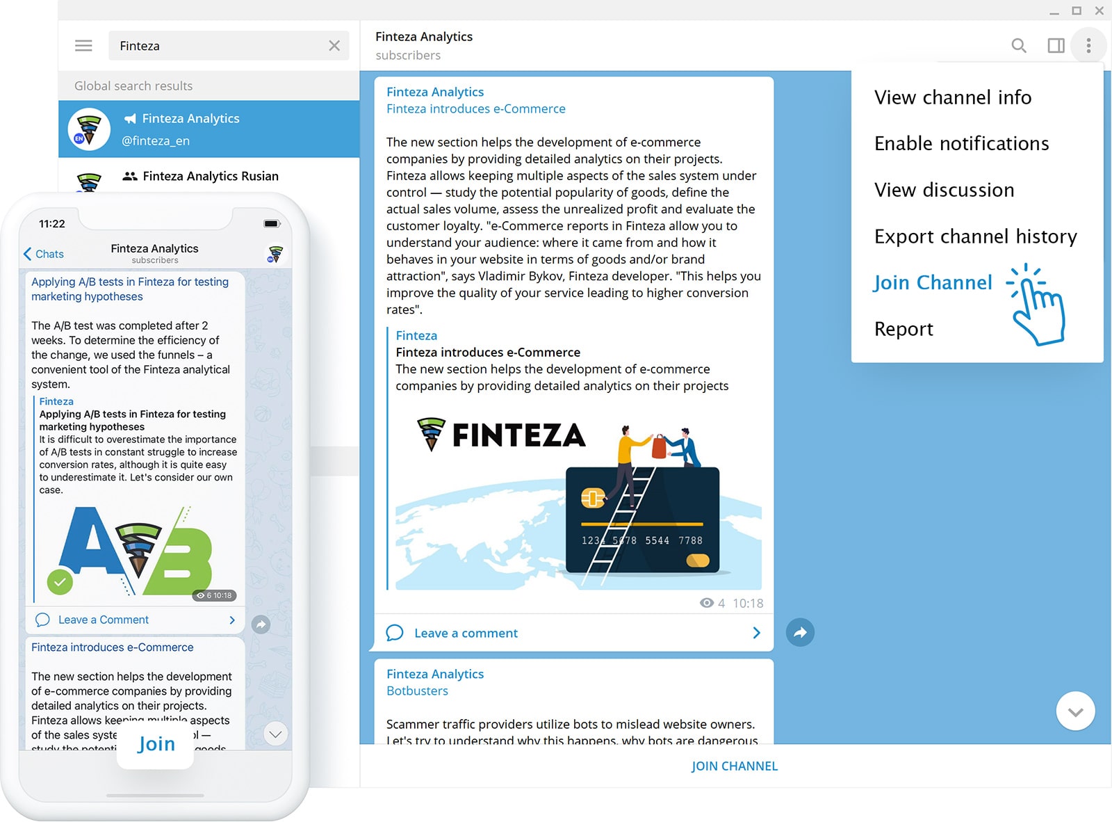 Subscribe to Finteza Analytics — new Telegram channel about Internet analytics