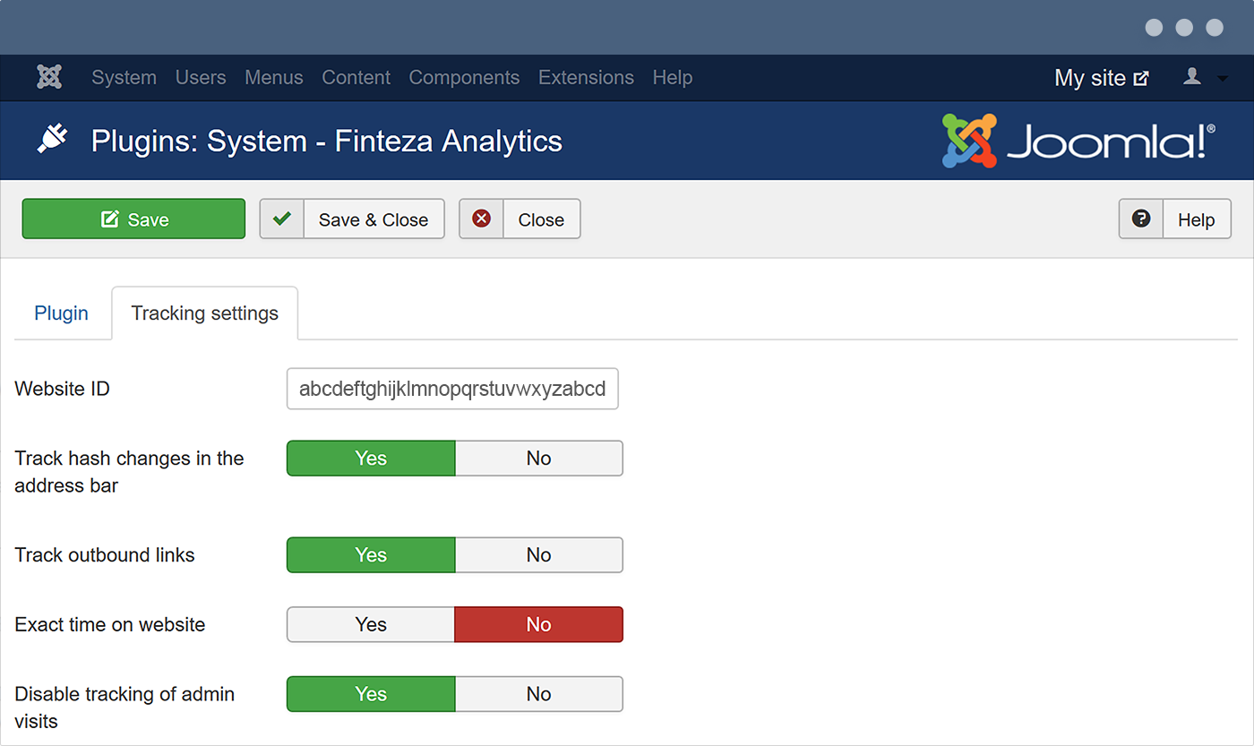 Register an account in Finteza and save the generated website ID