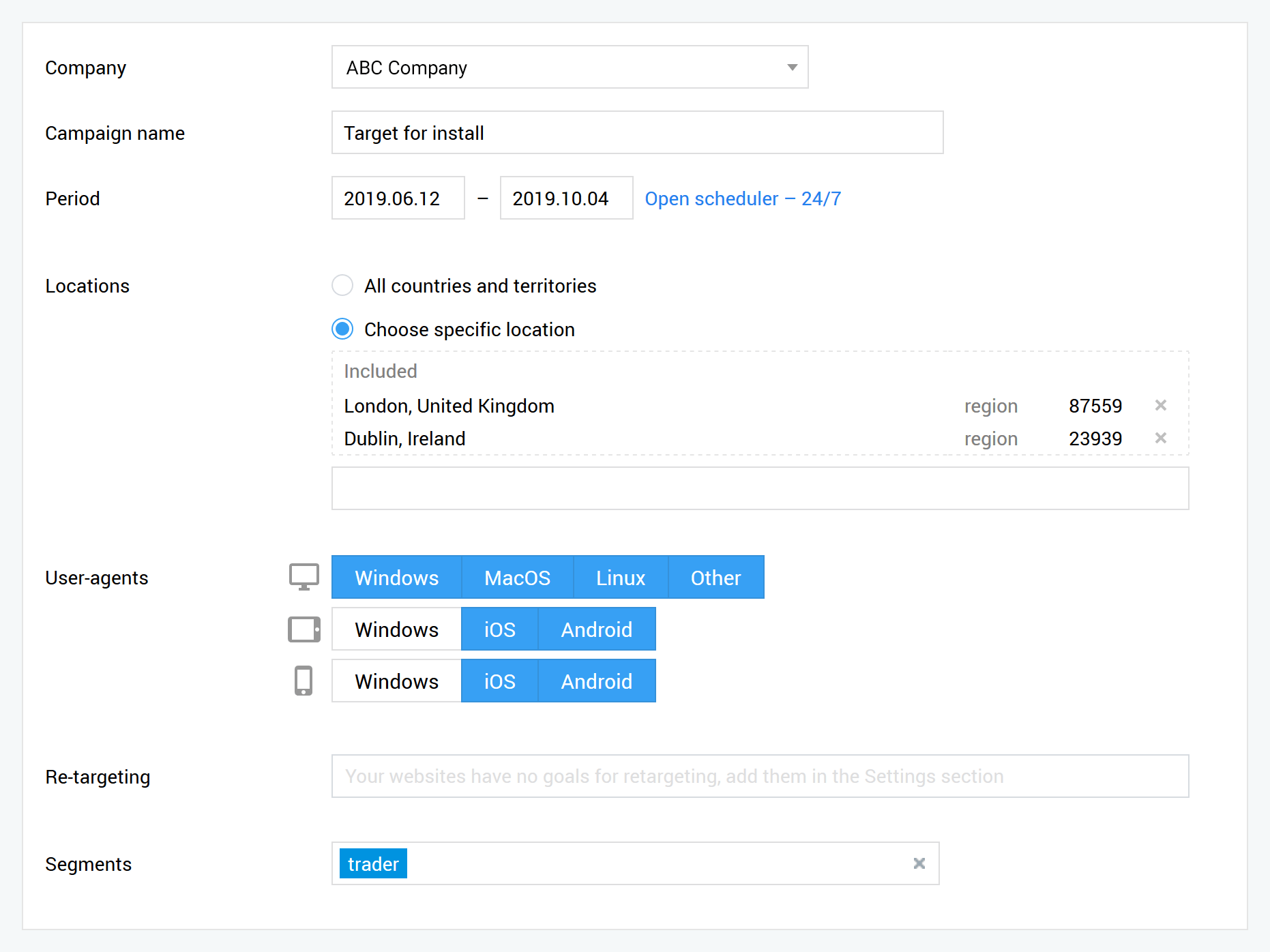 Starten Sie das Targeting auf der Grundlage von Geografie, Sprache, Tageszeit, Geräten, Browsern und anderen Bedingungen, um Ihren Gewinn zu maximieren