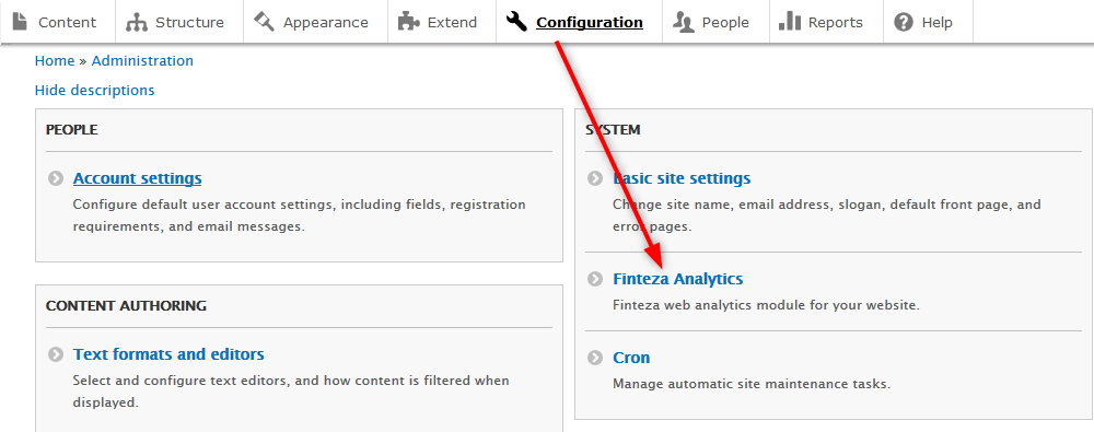 Find Finteza pluginet i "Configuration" og klik for at konfigurere
