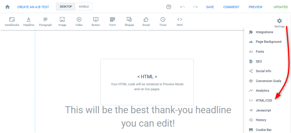 Vælg HTML/CSS i menuen "Settings"