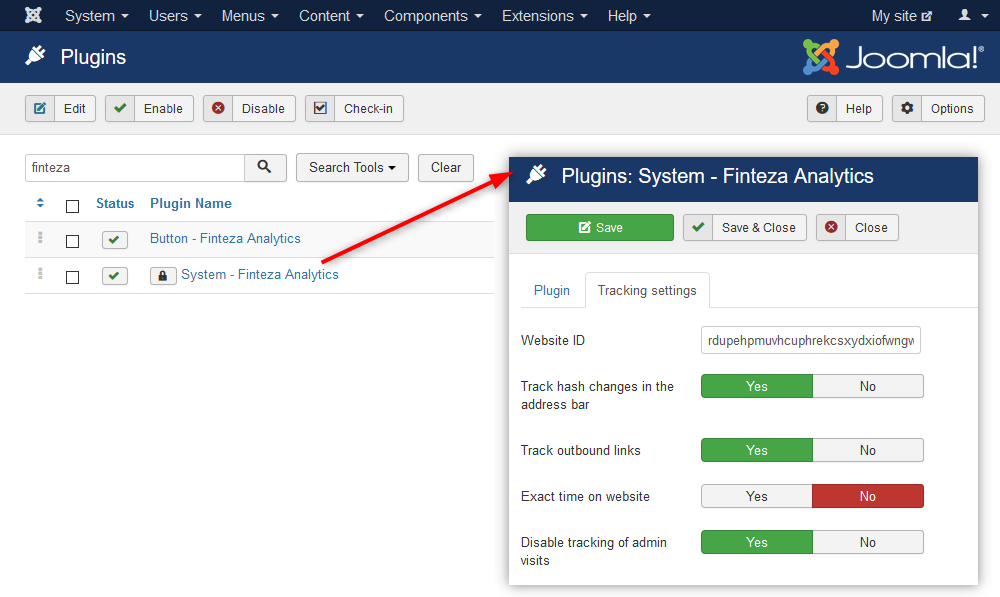 Find "System - Finteza Analytics" og åbn det for at konfigurere plugin parametrene