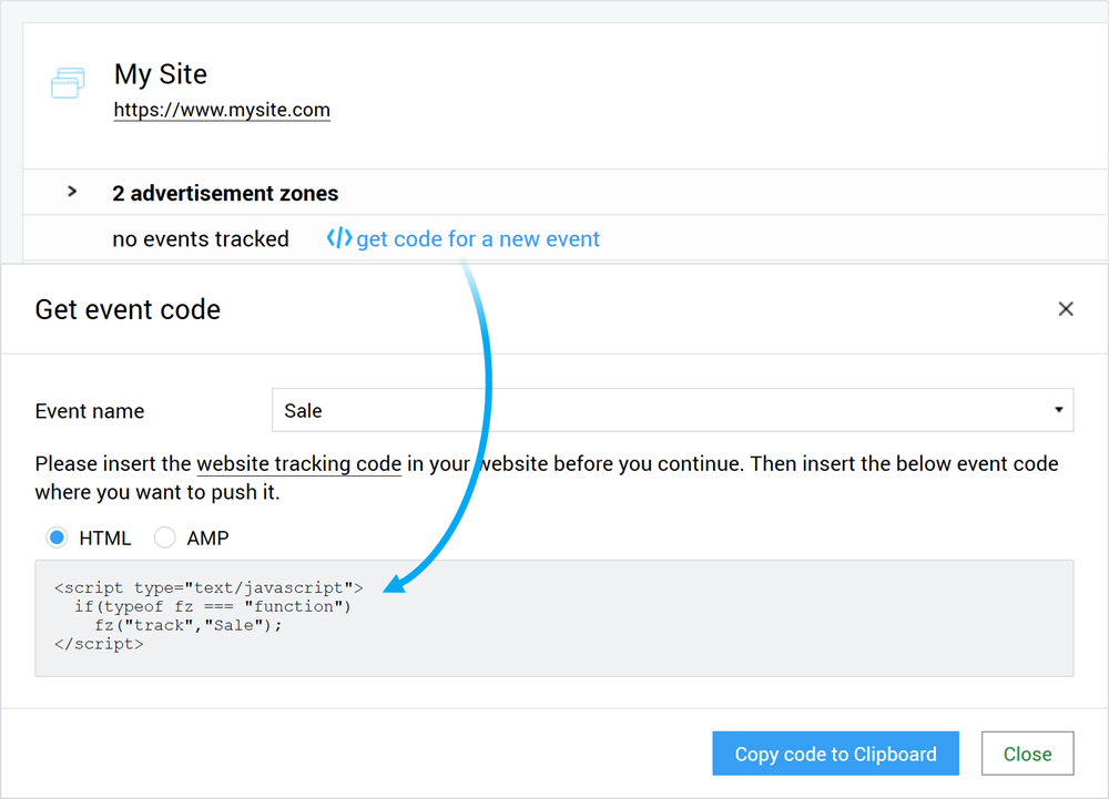 Holen Sie sich den Finteza Tracking-Code, um Einkäufe zu registrieren.