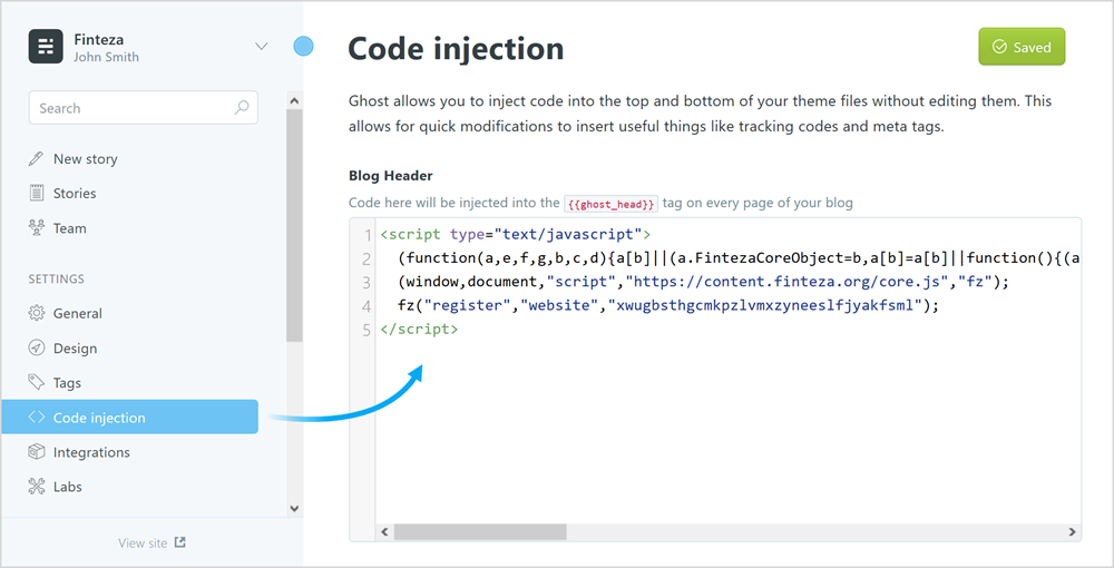 Fügen Sie den Finteza-Code in Code injection \ Blog Header