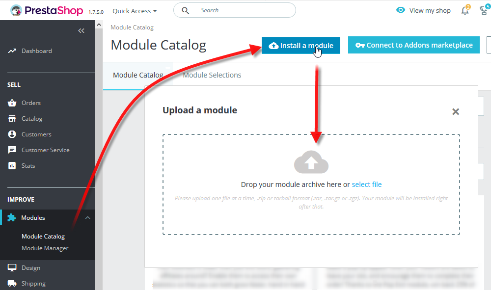 Laden Sie das Plugin herunter und wählen Sie Improve -> Modules -> Module catalog vom Bedienfeld der Website aus.