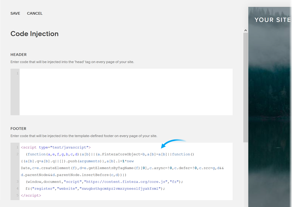 Fügen Sie den Finteza-Code in den Bereich Footer ein und er wird allen Seiten Ihrer Website hinzugefügt