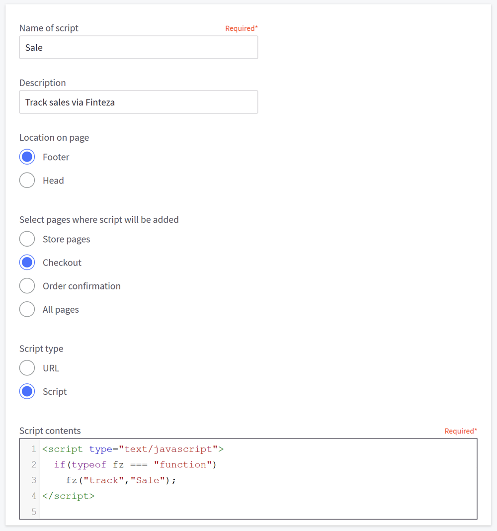 Paste the event code from Finteza to track purchases