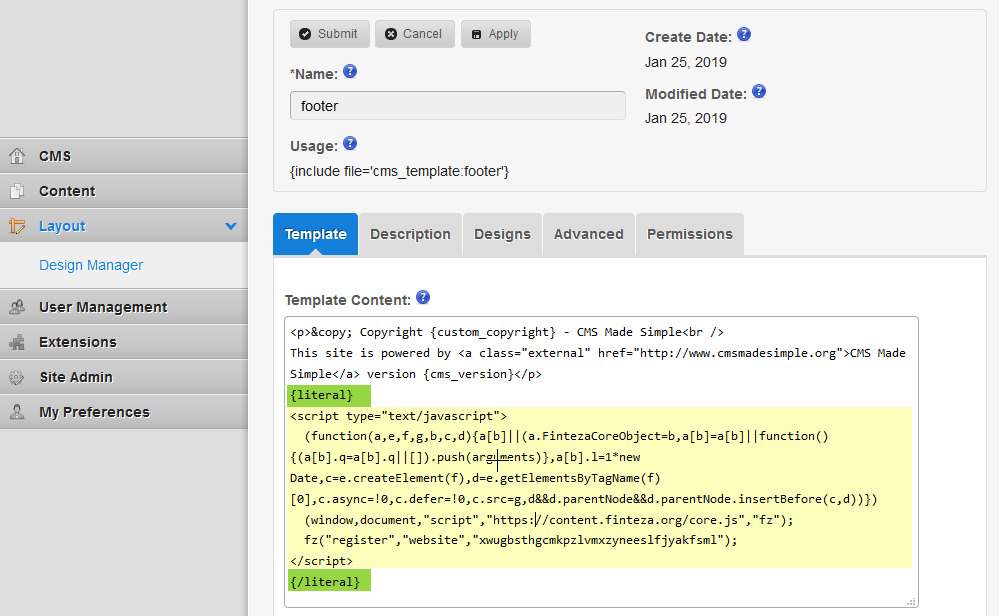 Paste the Finteza code inside {literal} tags and click Submit