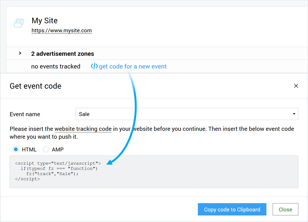 Get Finteza tracking code to register purchases
