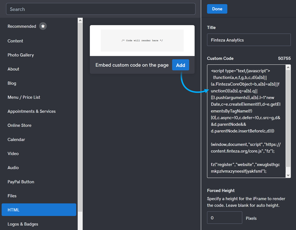 Paste the Finteza code in the Custom Code field