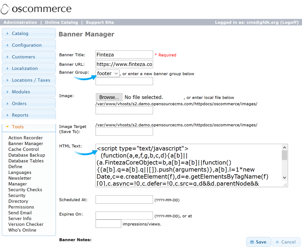 Create a banner with the Finteza code and add it to the "footer" zone