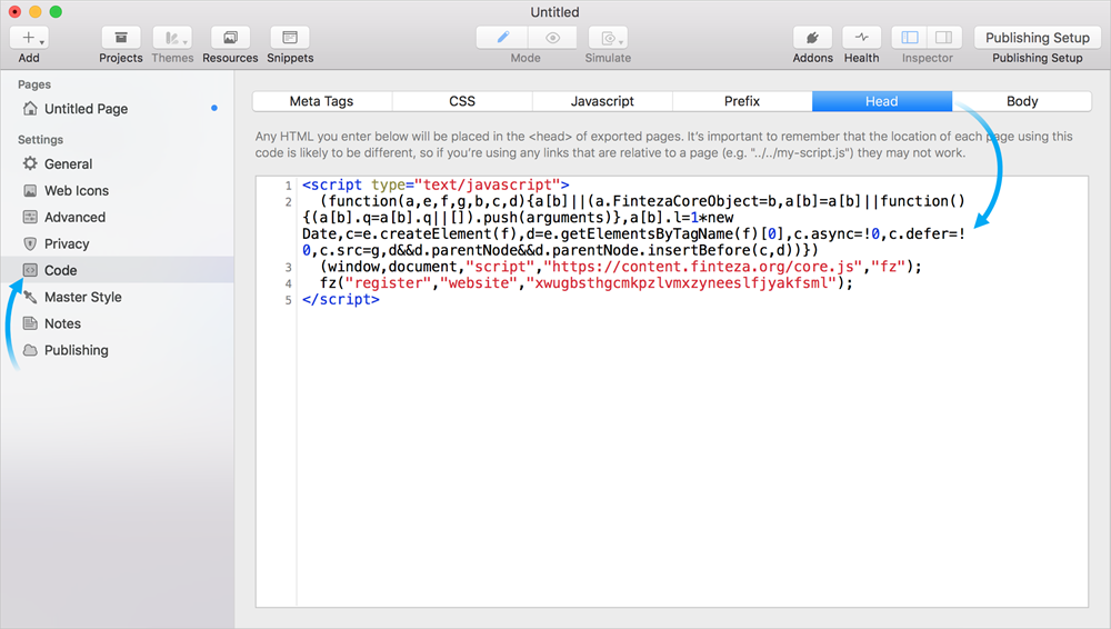 Paste the Finteza code in the Head section