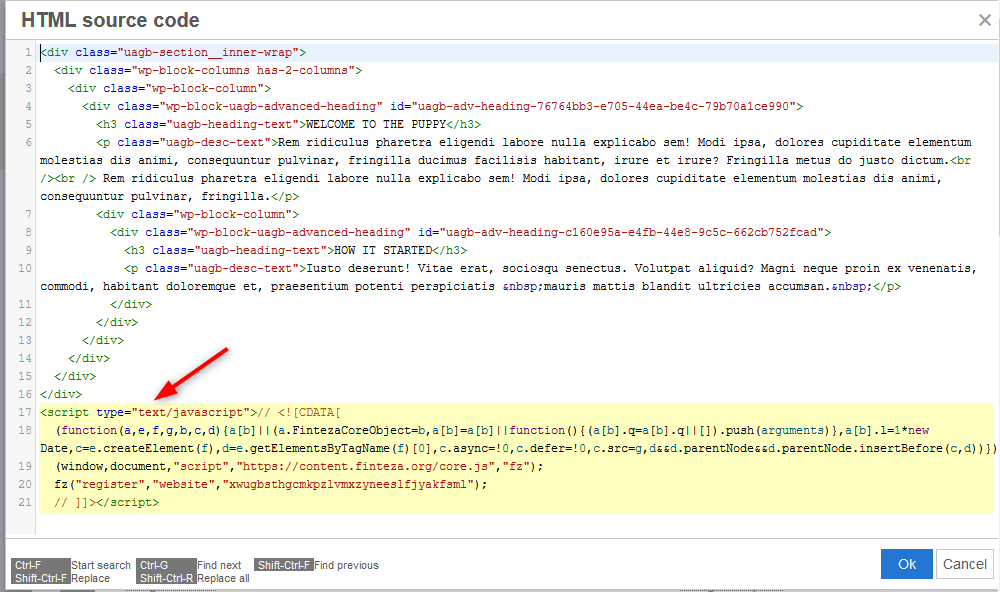 Paste the Finteza code in the bottom of the page source code and click OK