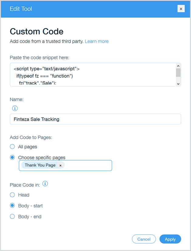 Paste the event code from Finteza to track completed purchases