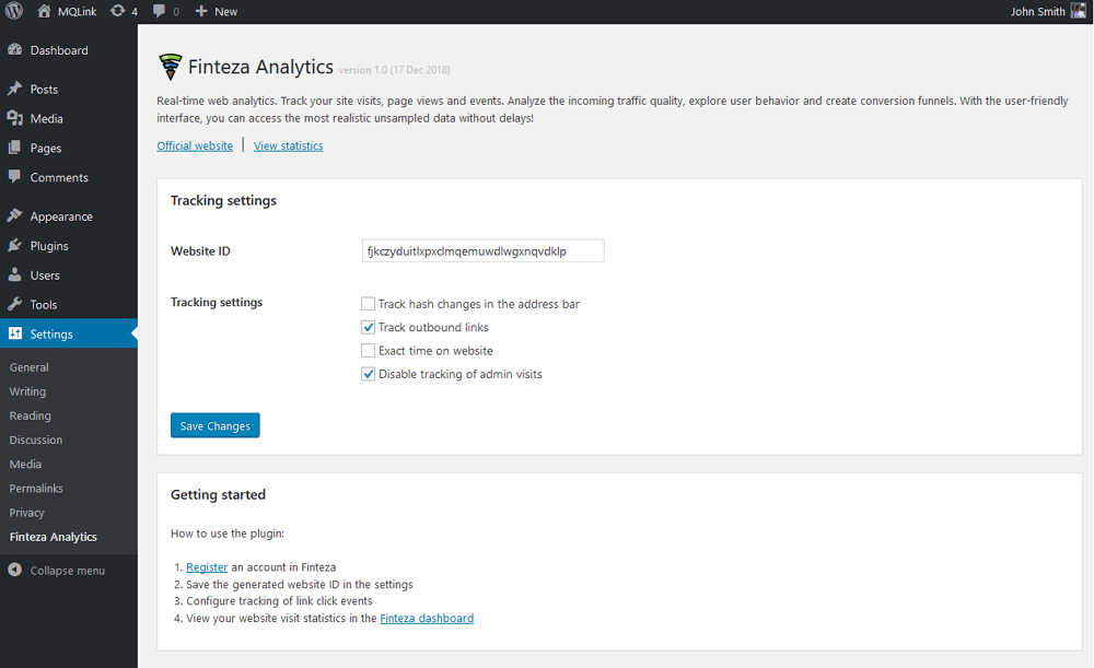 Select tracking options in the WordPress plugin settings