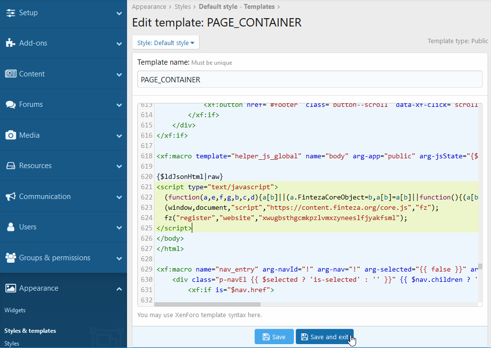 Paste the Finteza code with the </body> tag and save changes