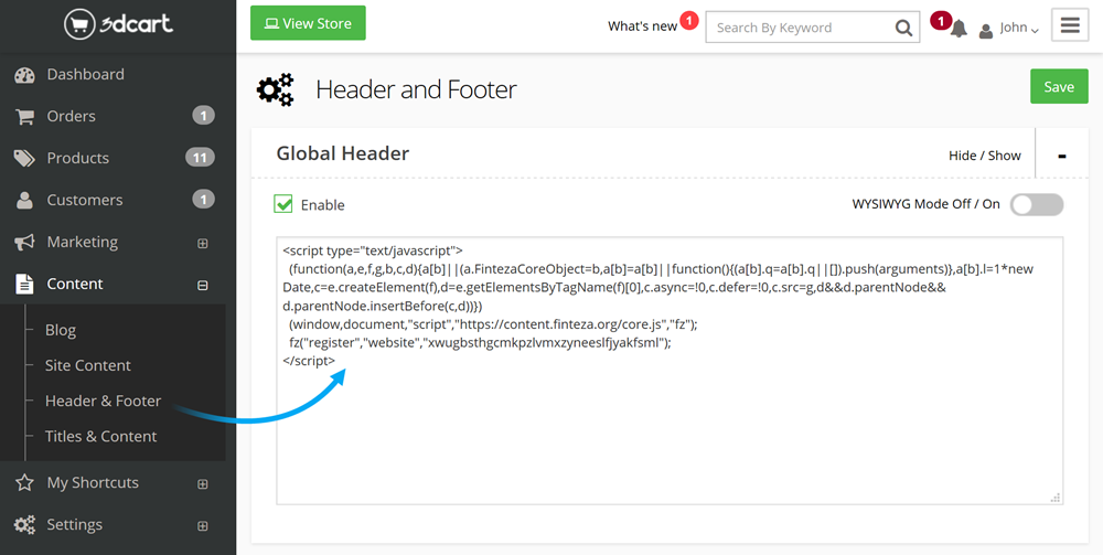 Pegue el código de Finteza en el Global Header del sitio web