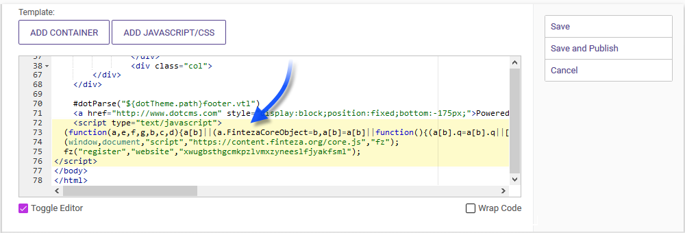 Pegue el código de Finteza antes de los tags </body></html>.