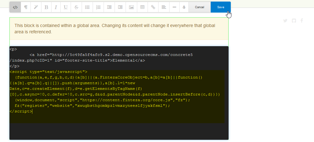 Collez le code Finteza et cliquez sur Enregistrer