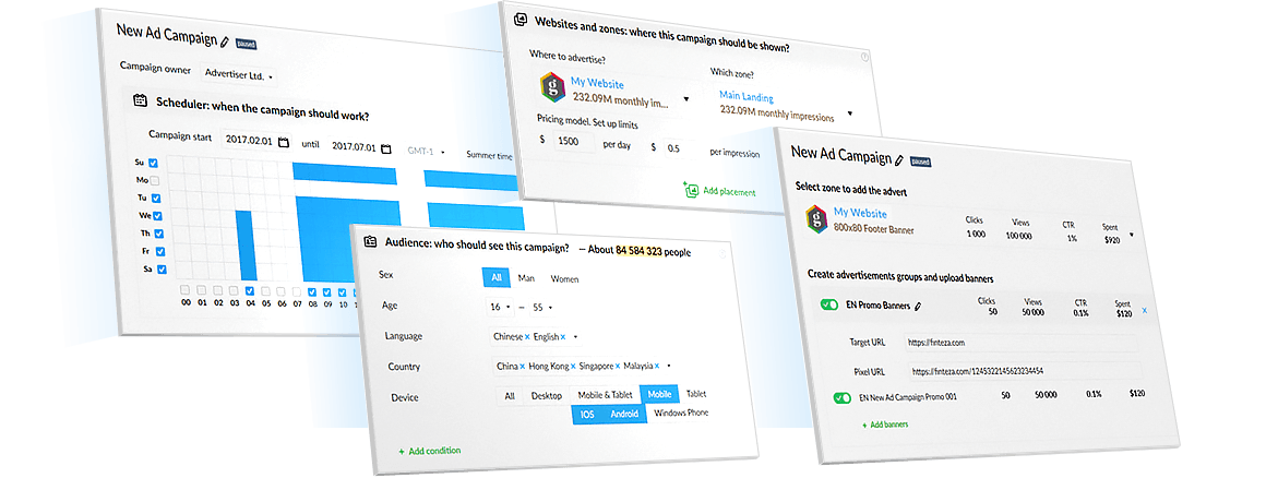 Create an ad campaign in Finteza to boost the sales of your goods and services or build a brand-loyal customer base Create an ad campaign in Finteza to boost the sales of your goods and services or build a brand-loyal customer base