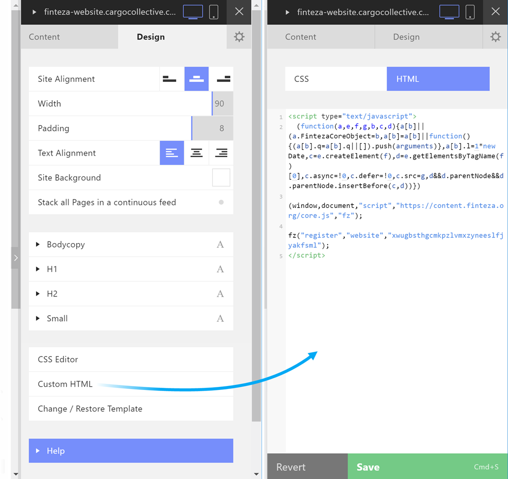 Tempelkan kode Finteza di Desain \ HTML khusus