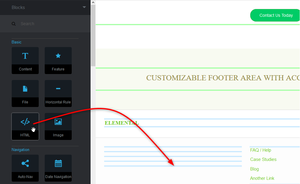 Seret blok HTML ke footer halaman