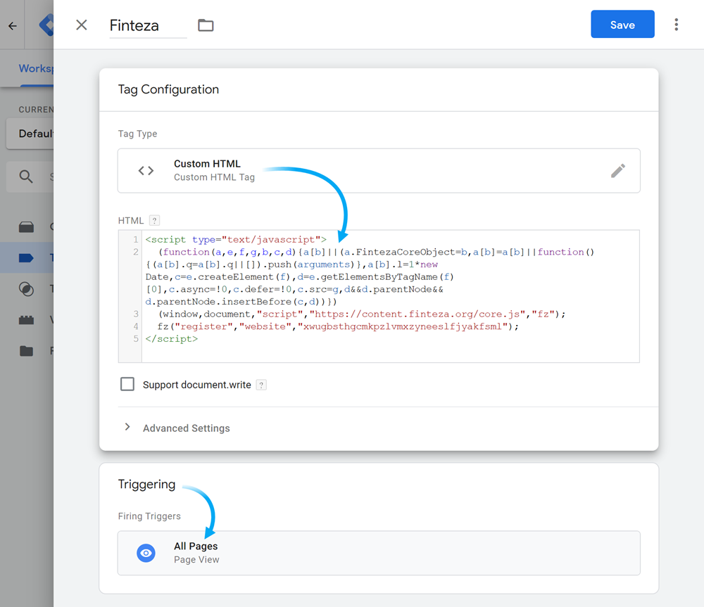 Pilih HTML Khusus dan tempelkan kode Finteza