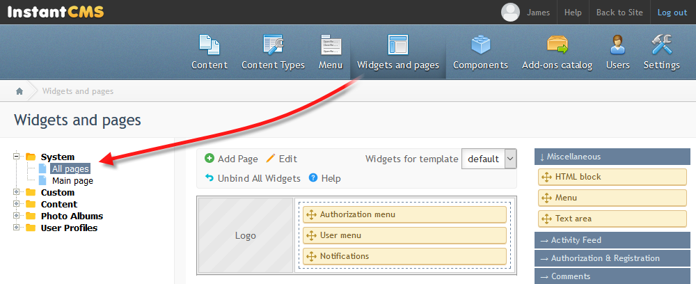 Pilih item menu "Widget dan halaman" di panel kontrol situs