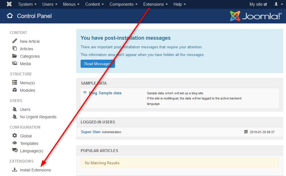 Di panel Administrator, jalankan Ekstensi -> Instal Ekstensi