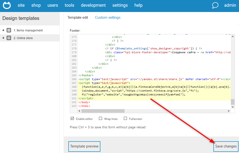 Tempelkan kode Finteza di jendela Footer dan simpan perubahan