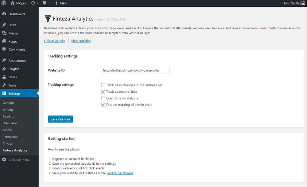 Pilih opsi pelacakan di pengaturan plugin WordPress