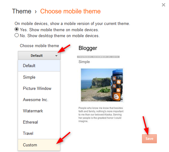 Seleziona Personalizzato per dispositivi mobili e salva le modifiche