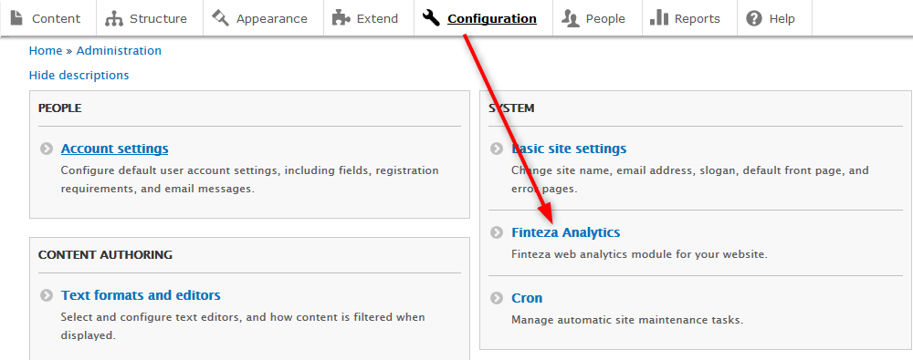 Trova il plug-in Finteza in Configuration e fai clic per configurare