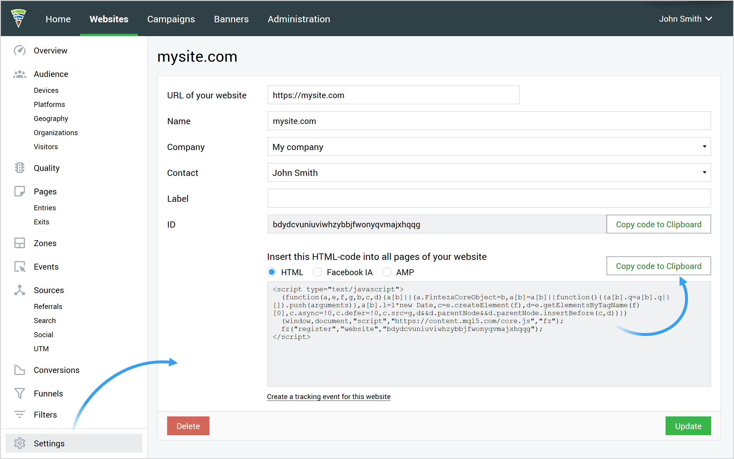 Ottieni un codice di monitoraggio per il tuo sito Web Ottieni un codice di monitoraggio per il tuo sito Web