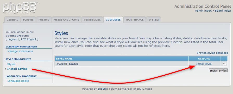 Trova il modello aggiornato e fai clic sul link "Install Style" per applicare le modifiche