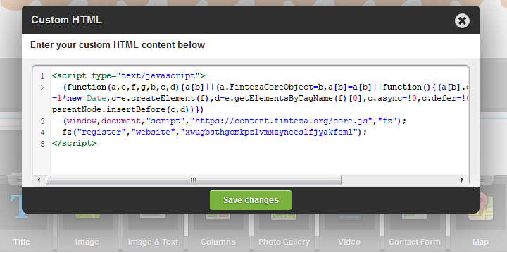 Incolla il codice Finteza e fai clic su "Save changes"