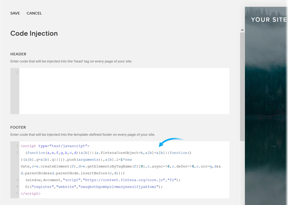 Fintezaコードをフッターセクションに貼り付けると、サイトのすべてのページに追加されます
