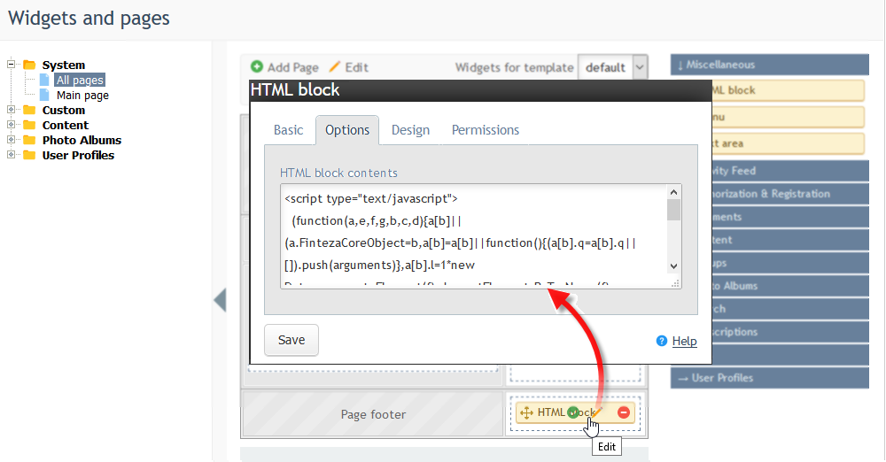 "HTML block" 편집기에서, Options tab 탭을 열고 Finteza 코드 붙여 넣기