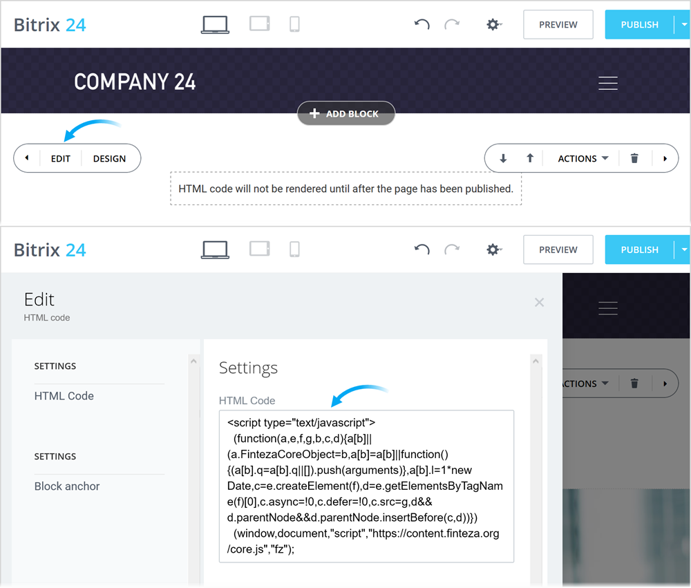 Tampal kod Finteza dalam "HTML Code"