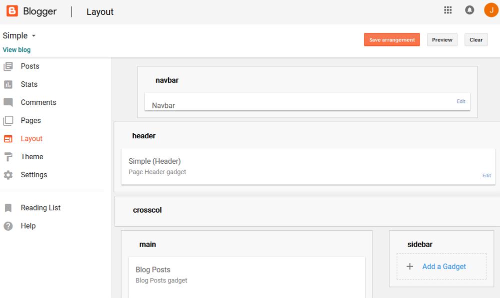 Klik butang "+ Add a Gadget" di bahagian Layout