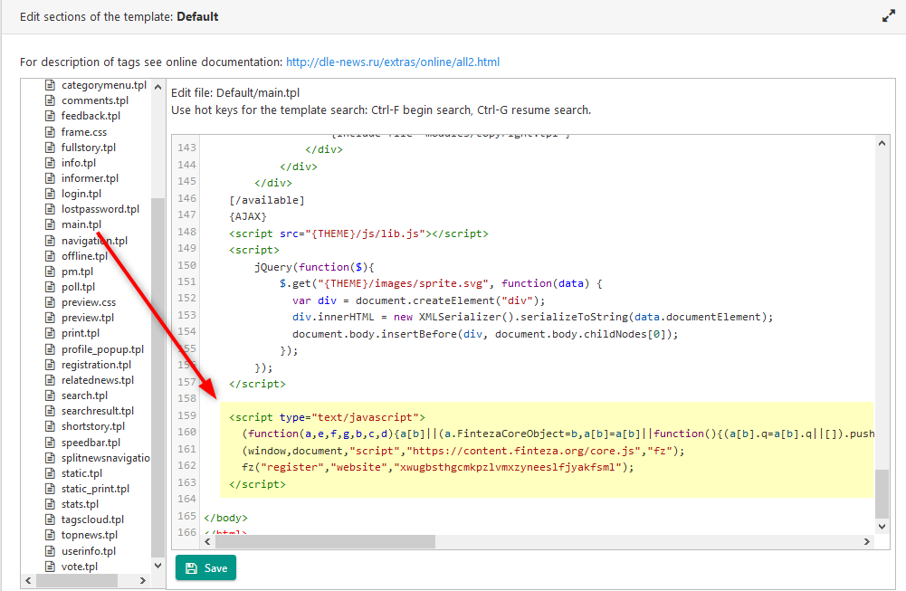 Tampalkan kod Finteza ke main.tpl template sebelum </body><html>