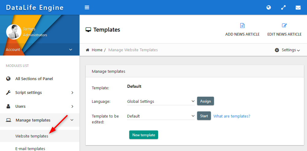 Buka bahagian "Website templates"