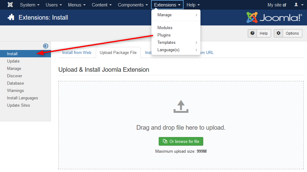 Pilih pilihan "Upload Package file" dan muat naik pemalam yang dimuat turun