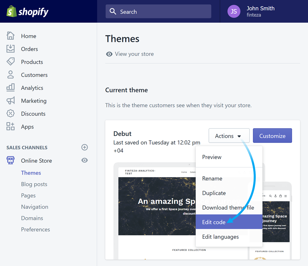 Klik "Edit code" dalam menu Actions