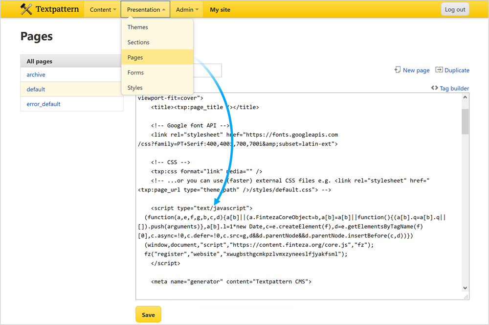 Tampal kod Finteza di laman web